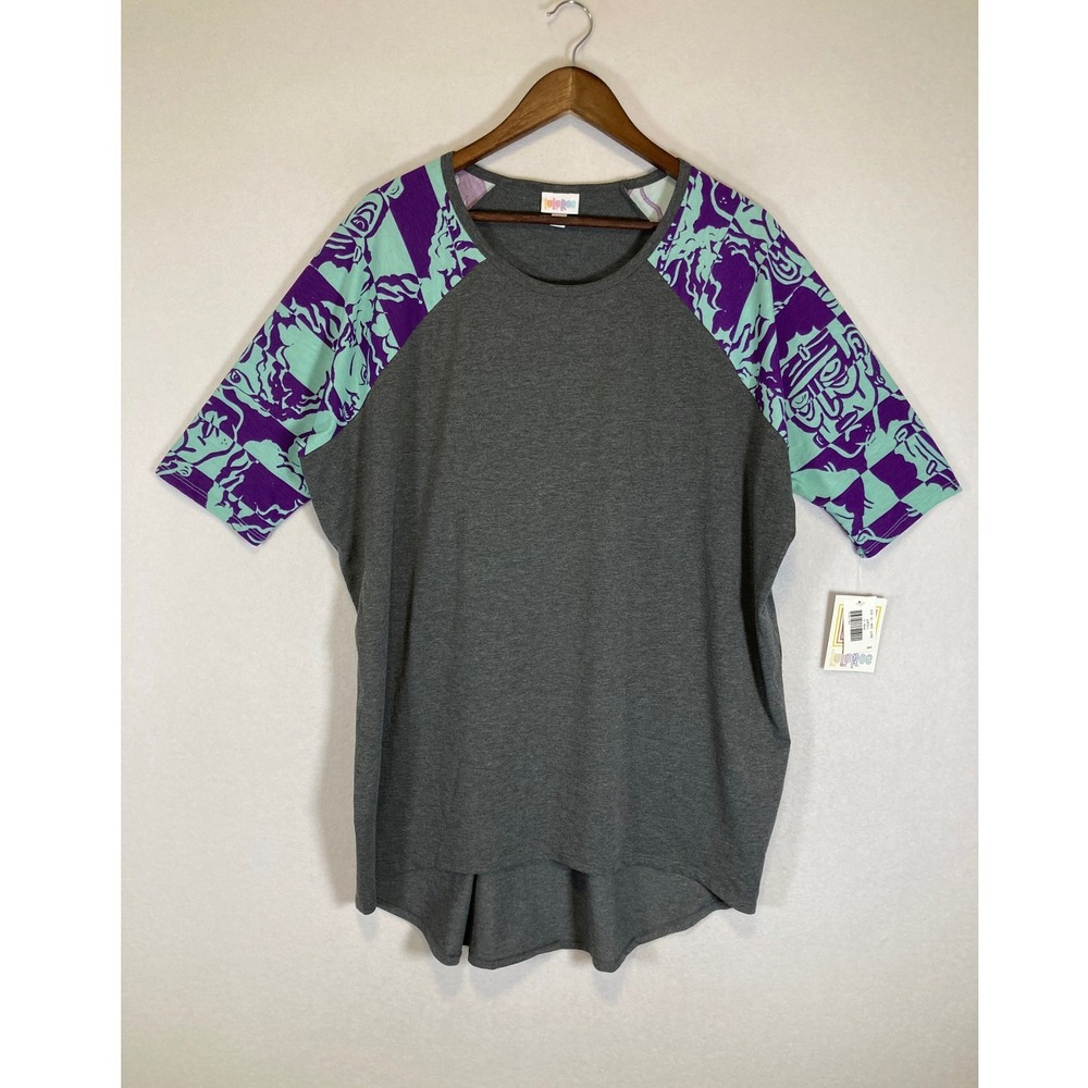 Athleisure LuLaRoe Women L Grey Purple Teal Randy Graphic Raglan Baseball Tee